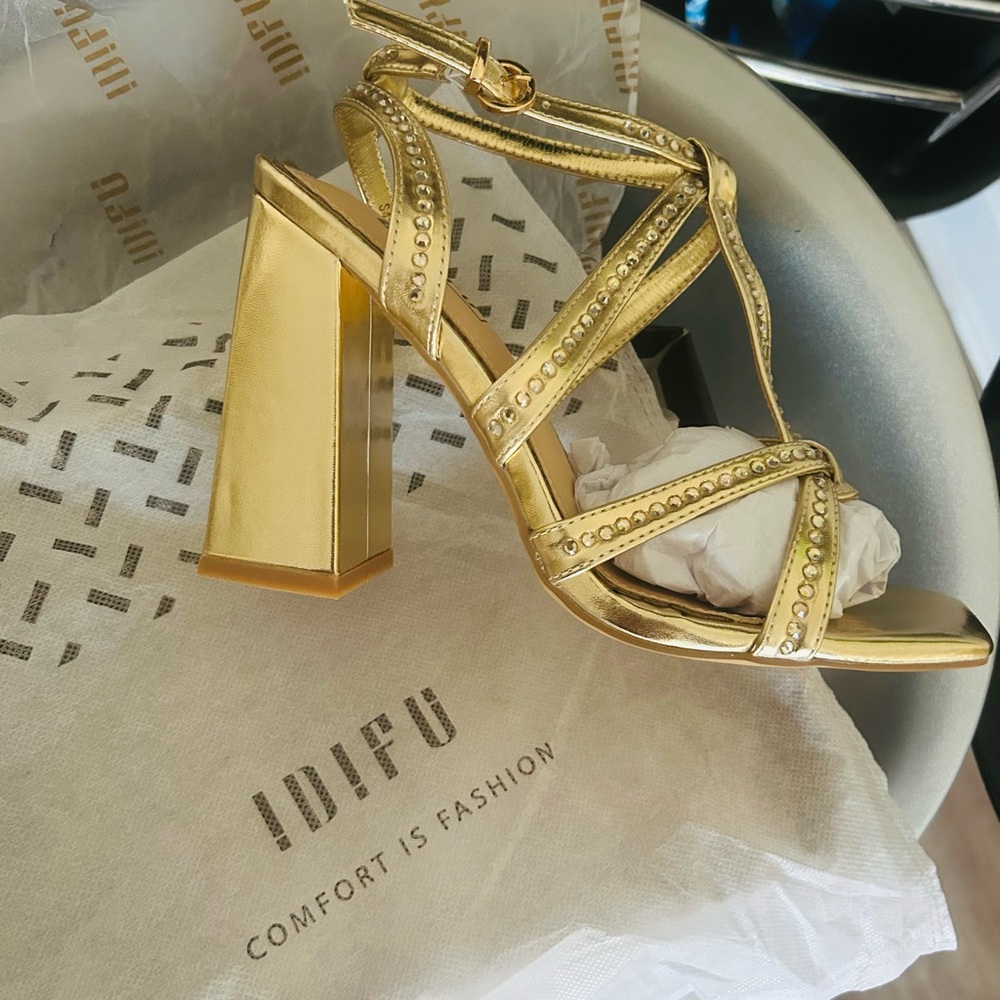 IDIFU Women's Shiny Gold Block Heels